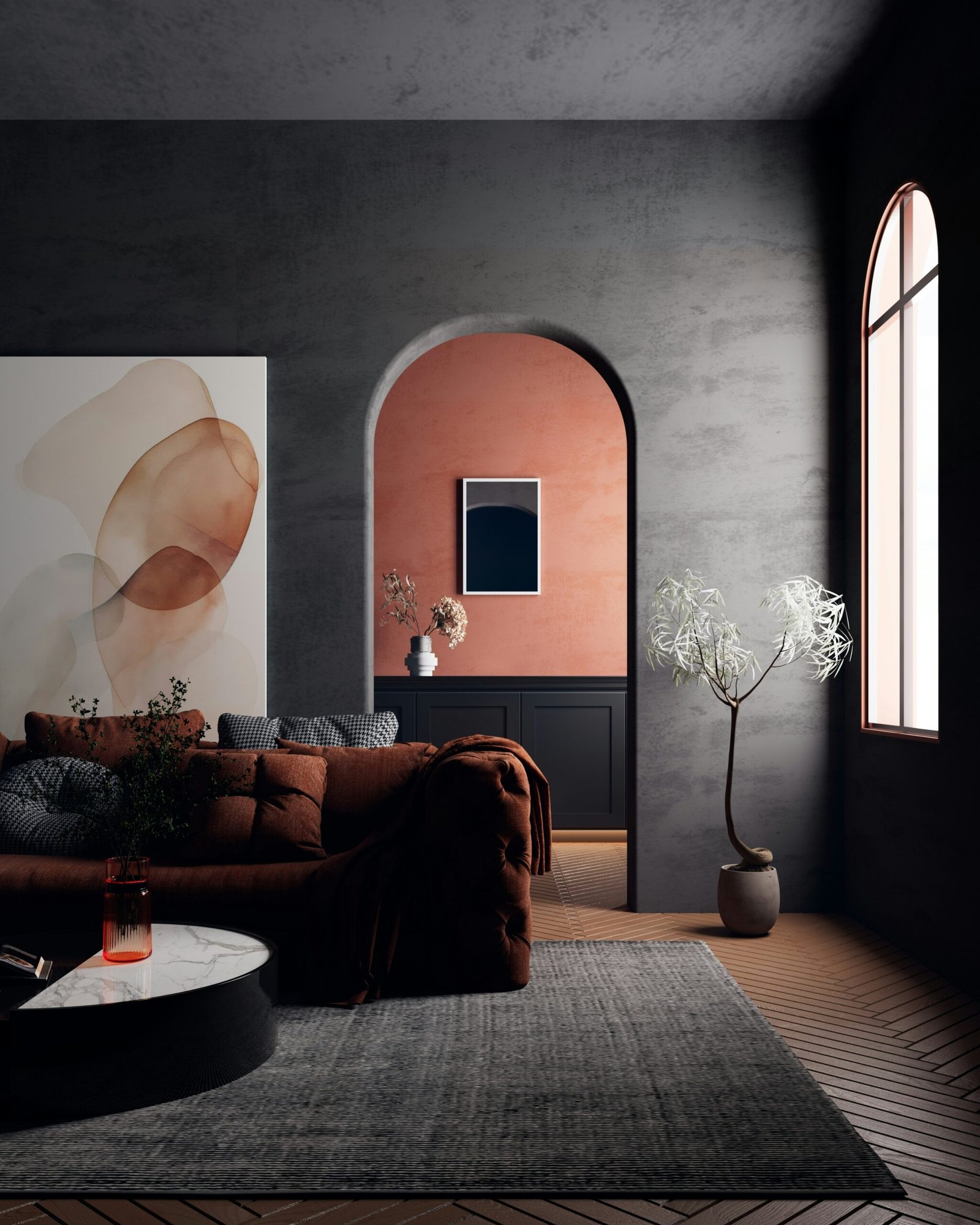 Warm, minimalist interior designed with textured stone, natural wood, and soft neutral furniture